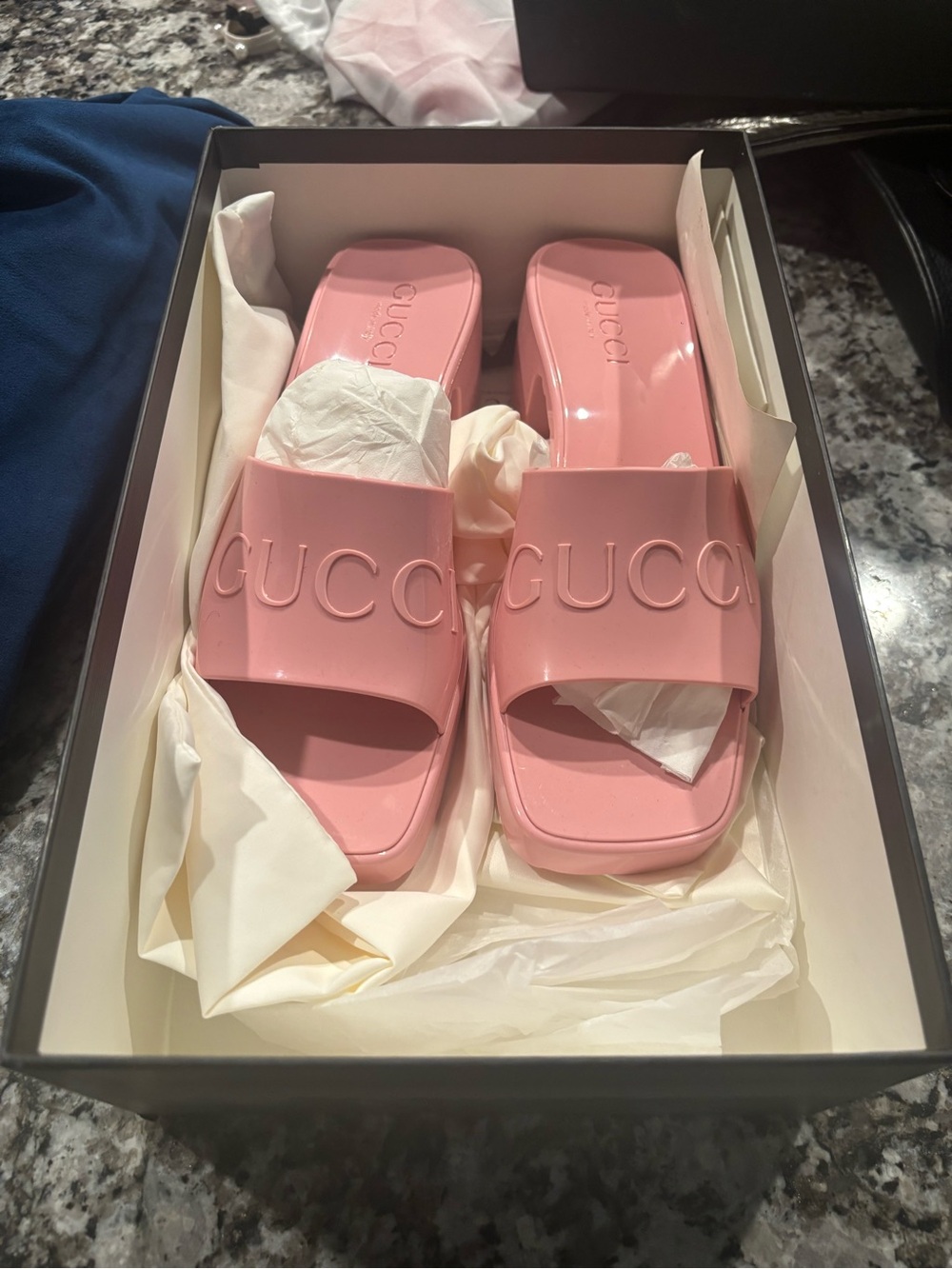 Gucci Pink Embossed Logo Slide Sandals